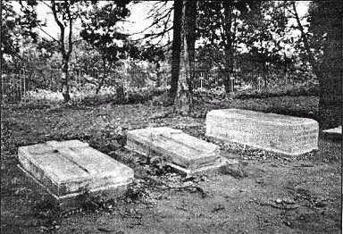 Надгробные камни из белого мрамора на могилах возле храма, в том числе на могиле графа В. А. Бобринского