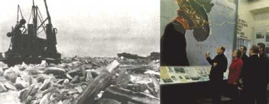 Слева: Начало навигации на Ладоге. Фотография. Май 1942 г.  Справа: Группа экскурсантов в экспозиции 2-го зала. Фотография 1977 г.